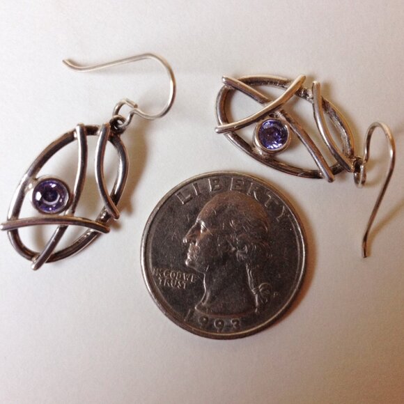 Oval Sterling Silver Earrings Blue Violet Round Tanzanite CZ Pierced Dangle New - Picture 5 of 6